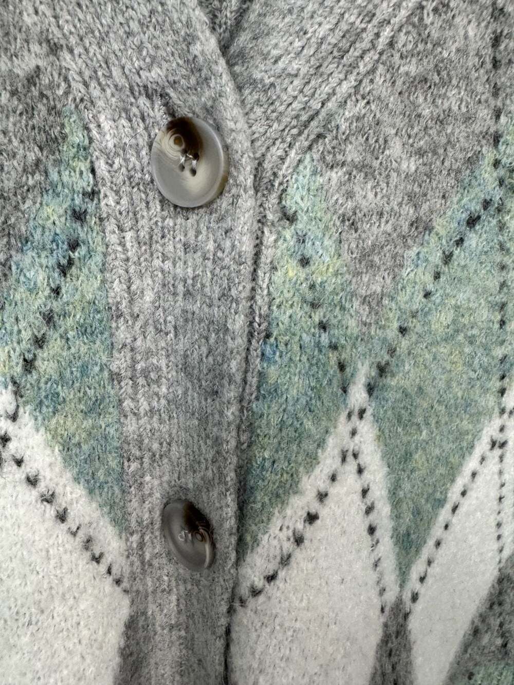 Rachel Zoe Argyle V-Neck Ribbed Knit Cardigan Sweater in Grey and Seafoam Green - Picture 2 of 6